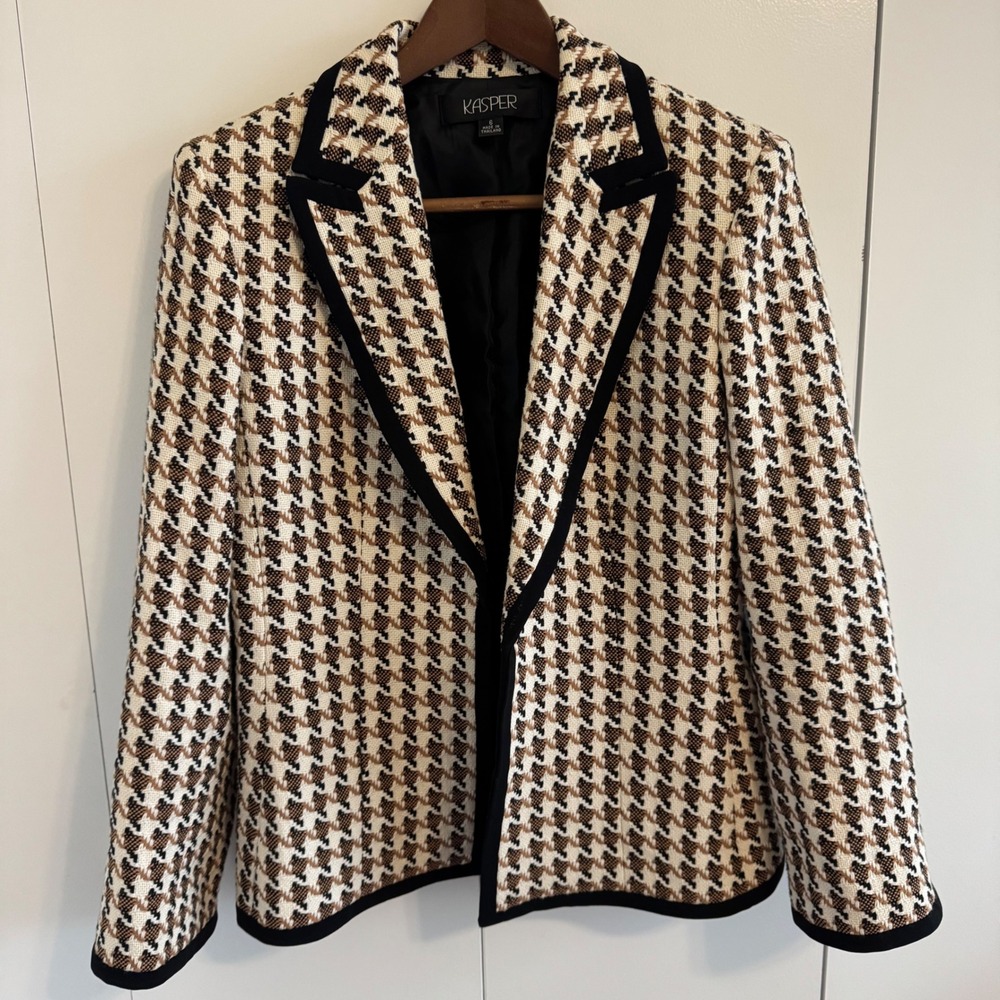 Kasper Womens Houndstooth Blazer Jacket Tan Black Cream Size 6 Open Front Cotton